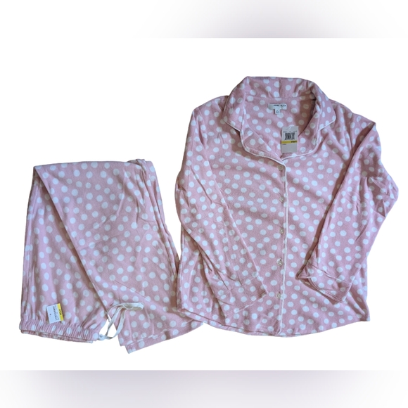 NWT Anne Klein Long Sleeve 2 Piece PJ Set Pink With White Polka Dots  M - Picture 1 of 8